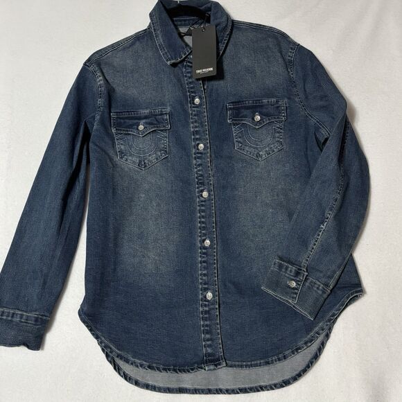 NWT True Religion Georgia Denim Western Shirt Womens L Button Up Jean Shirt - Picture 2 of 10